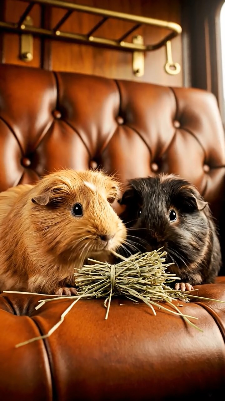 1034. Realistic depiction of 2 smooth-haired Silkie guinea pigs with cinnamon and sable fur, eating timothy hay bundles, inside a vintage steam train carriage with leather seats.