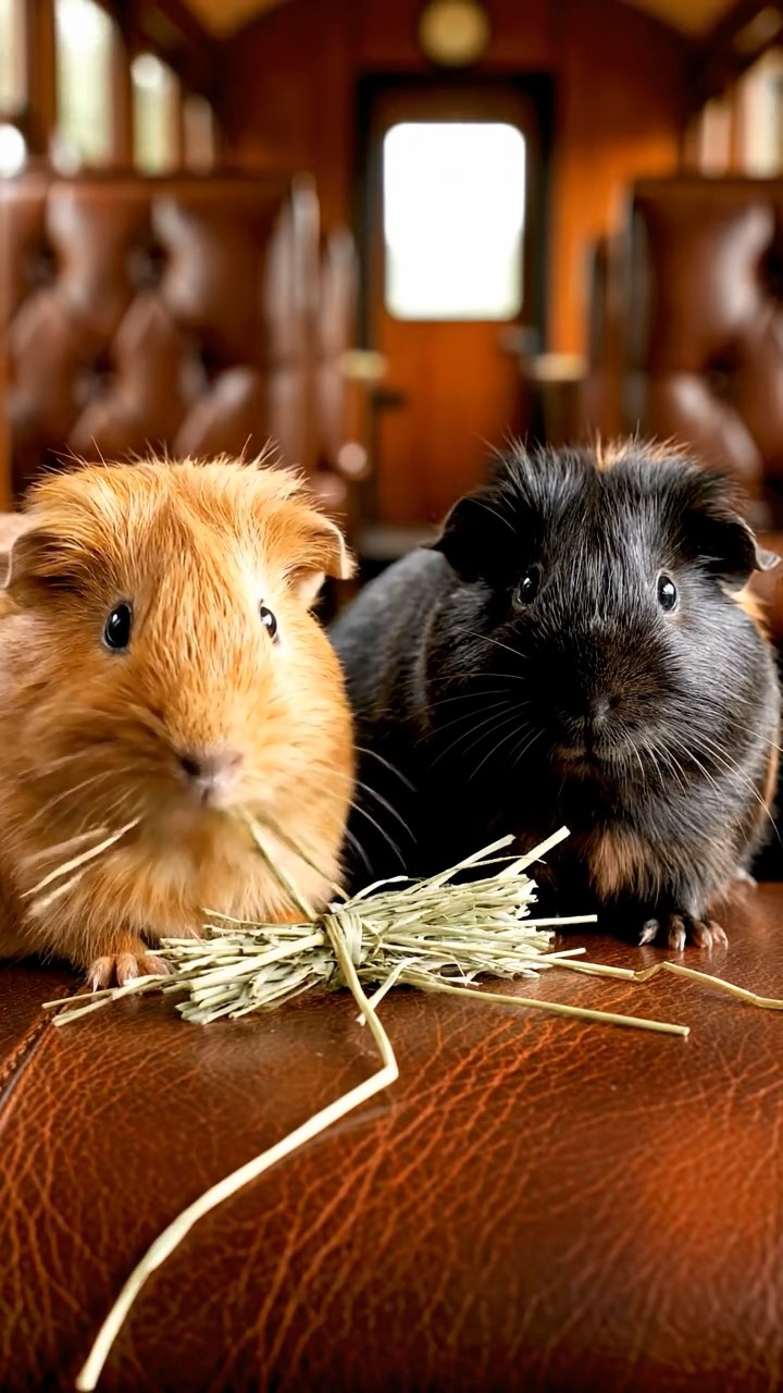 1034. Realistic depiction of 2 smooth-haired Silkie guinea pigs with cinnamon and sable fur, eating timothy hay bundles, inside a vintage steam train carriage with leather seats.