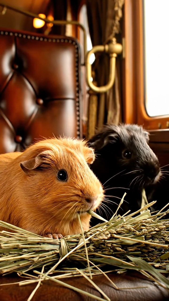 1034. Realistic depiction of 2 smooth-haired Silkie guinea pigs with cinnamon and sable fur, eating timothy hay bundles, inside a vintage steam train carriage with leather seats.