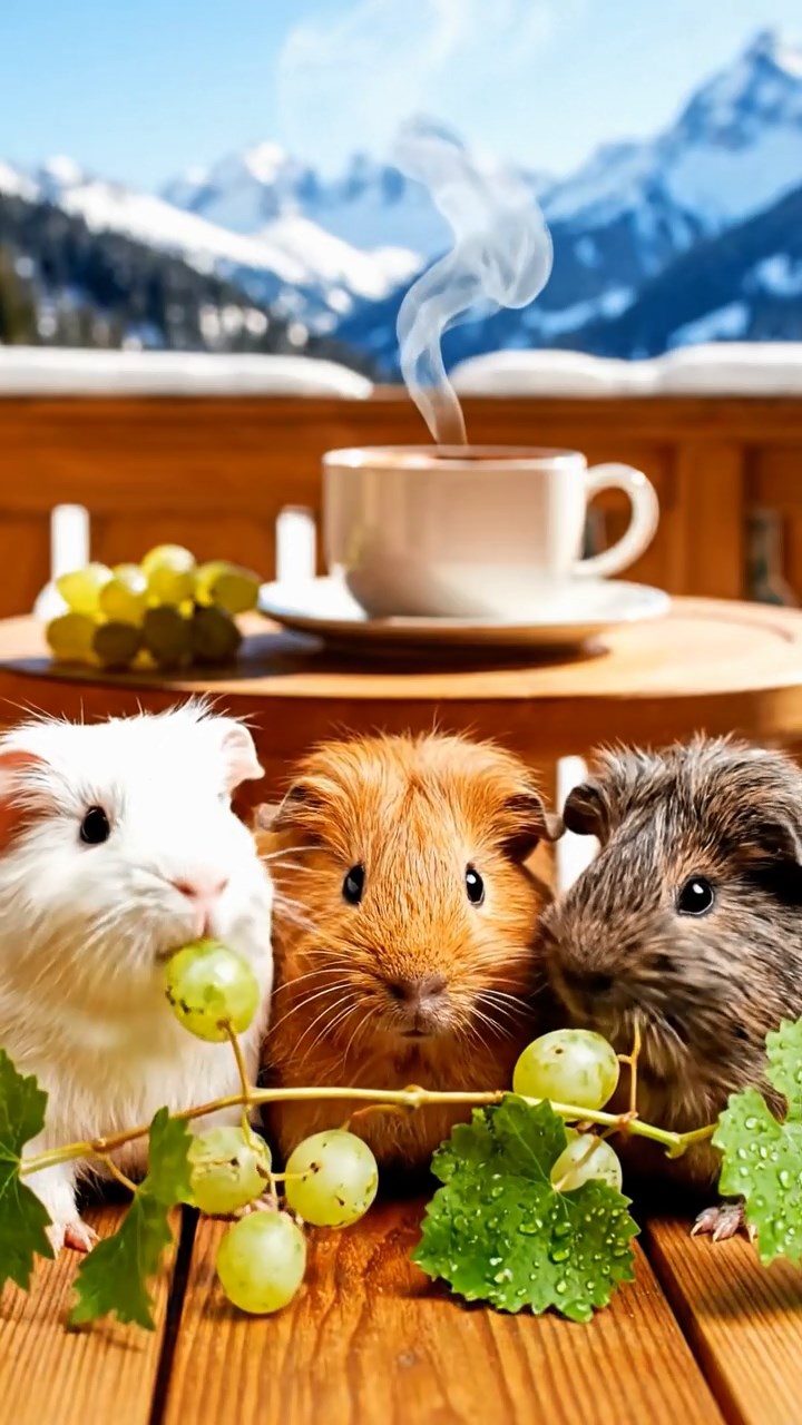 1035. Detailed scene of 3 smooth-haired Teddy guinea pigs with white, orange, and gray fur, nibbling on grape vines, on a luxurious ski resort chalet balcony with hot cocoa steam.