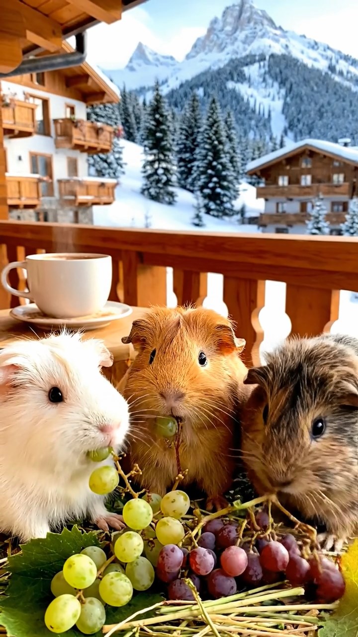 1035. Detailed scene of 3 smooth-haired Teddy guinea pigs with white, orange, and gray fur, nibbling on grape vines, on a luxurious ski resort chalet balcony with hot cocoa steam.