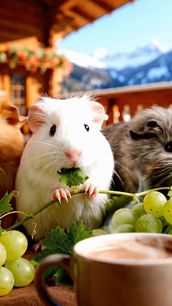 1035. Detailed scene of 3 smooth-haired Teddy guinea pigs with white, orange, and gray fur, nibbling on grape vines, on a luxurious ski resort chalet balcony with hot cocoa steam.
