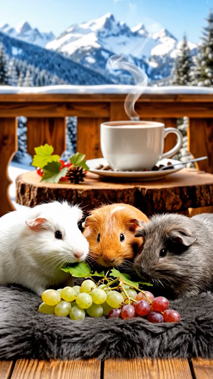 1035. Detailed scene of 3 smooth-haired Teddy guinea pigs with white, orange, and gray fur, nibbling on grape vines, on a luxurious ski resort chalet balcony with hot cocoa steam.