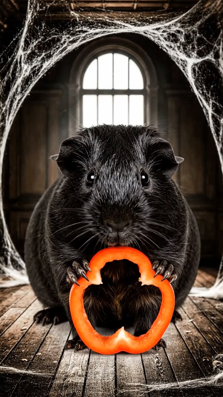 1036. Photorealistic photo of 1 smooth-haired Texel guinea pig with black fur, chewing on bell pepper rings, in a eerie haunted mansion parlor with cobwebs and creaking floors.