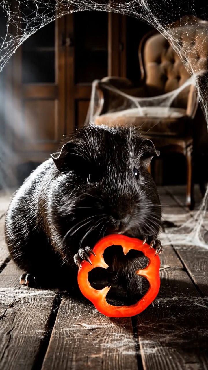 1036. Photorealistic photo of 1 smooth-haired Texel guinea pig with black fur, chewing on bell pepper rings, in a eerie haunted mansion parlor with cobwebs and creaking floors.
