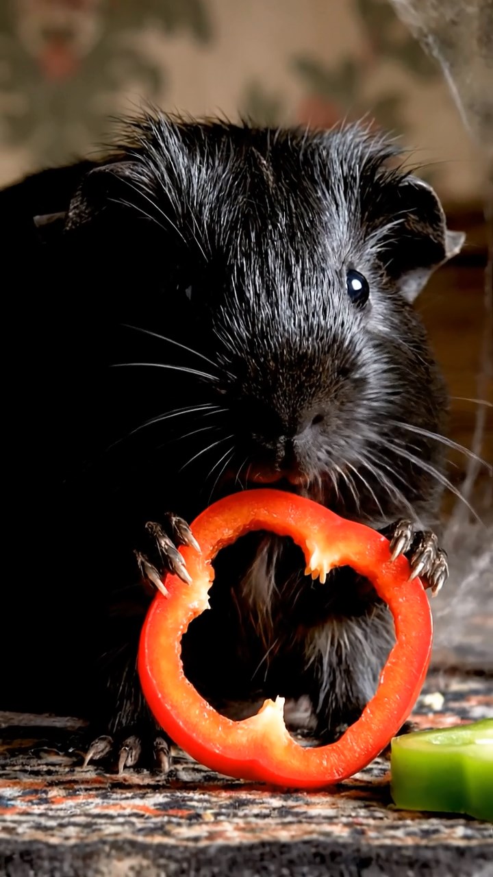 1036. Photorealistic photo of 1 smooth-haired Texel guinea pig with black fur, chewing on bell pepper rings, in a eerie haunted mansion parlor with cobwebs and creaking floors.