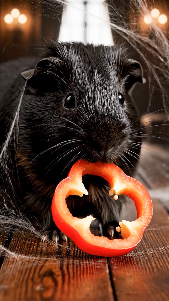 1036. Photorealistic photo of 1 smooth-haired Texel guinea pig with black fur, chewing on bell pepper rings, in a eerie haunted mansion parlor with cobwebs and creaking floors.