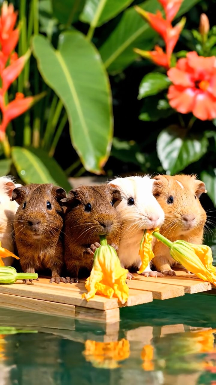 1037. Realistic image of 5 smooth-haired Rex guinea pigs in brown, cream, and fawn colors, munching on zucchini flowers, on a lazy river raft adventure with tropical foliage.