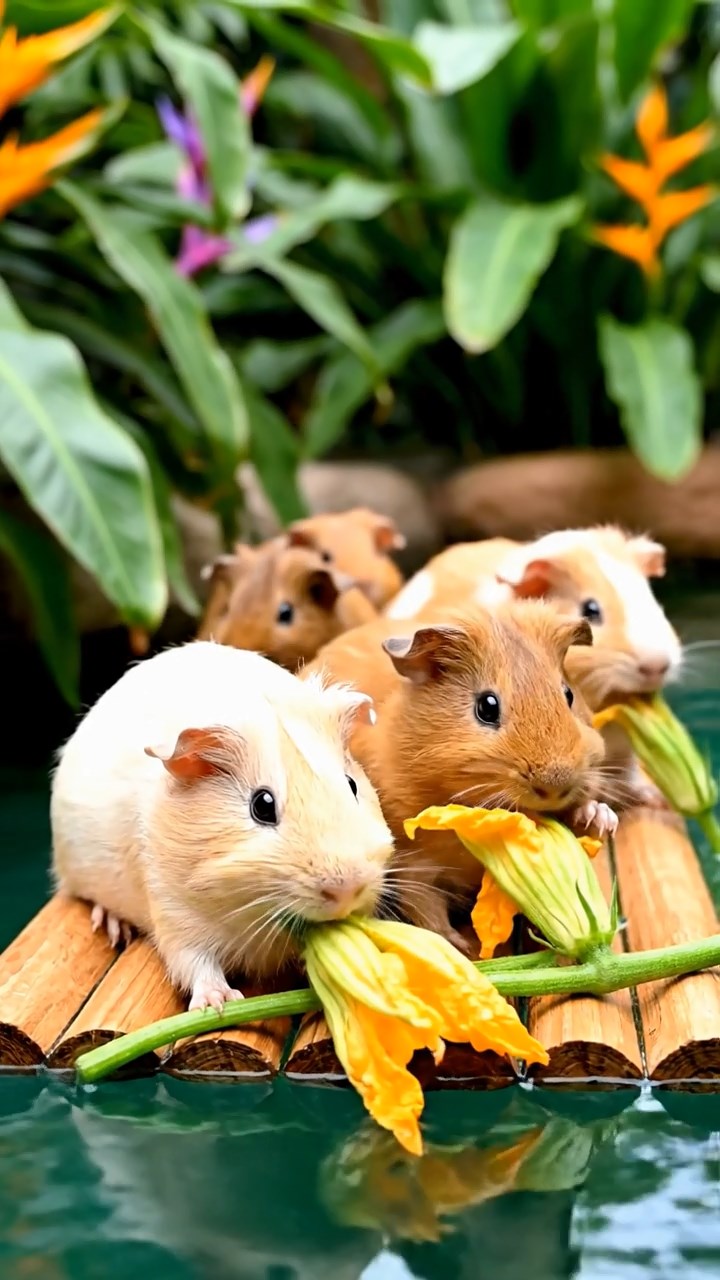 1037. Realistic image of 5 smooth-haired Rex guinea pigs in brown, cream, and fawn colors, munching on zucchini flowers, on a lazy river raft adventure with tropical foliage.