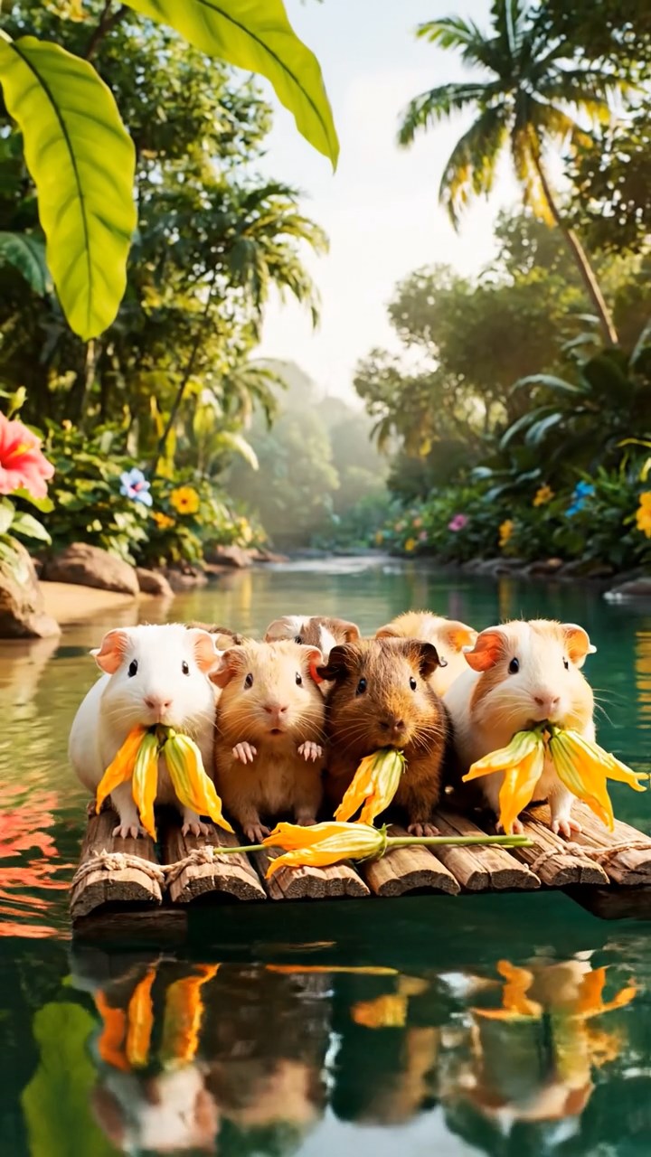 1037. Realistic image of 5 smooth-haired Rex guinea pigs in brown, cream, and fawn colors, munching on zucchini flowers, on a lazy river raft adventure with tropical foliage.