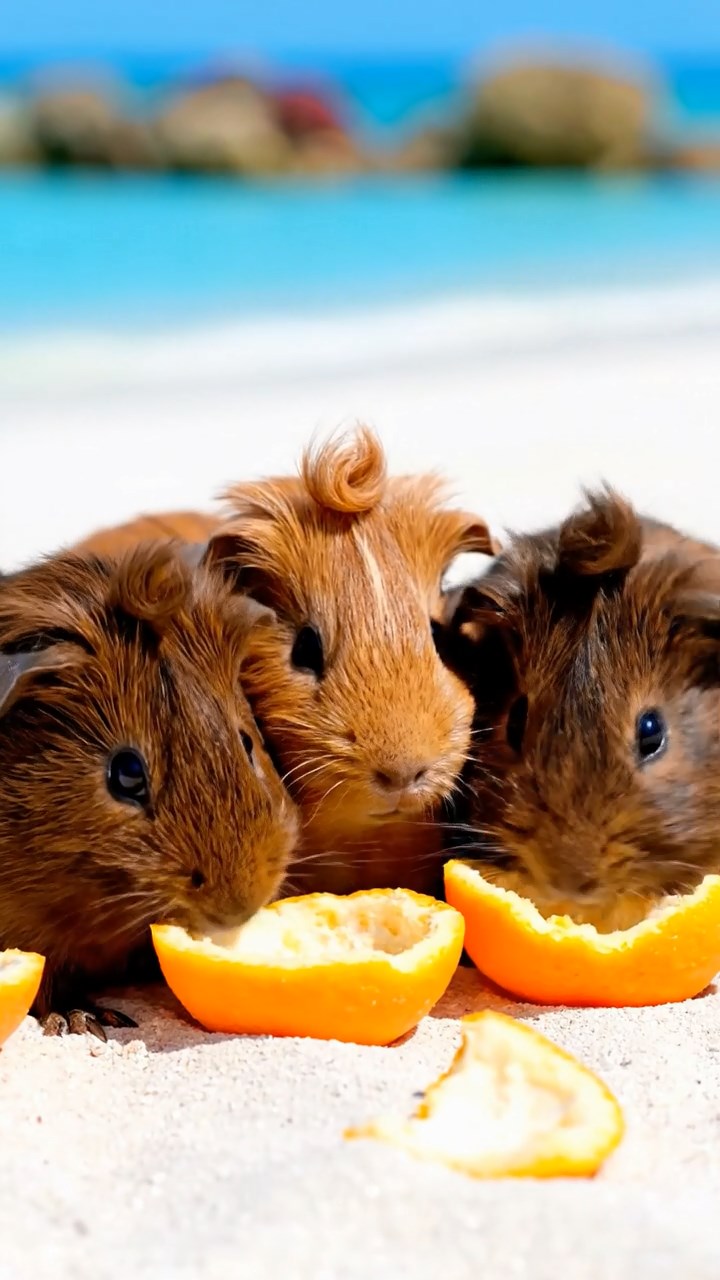 1038. Highly detailed view of 4 smooth-haired Coronet guinea pigs with chocolate, cinnamon, and sable fur, sharing orange peels, in a pristine coral atoll with white sand beaches.