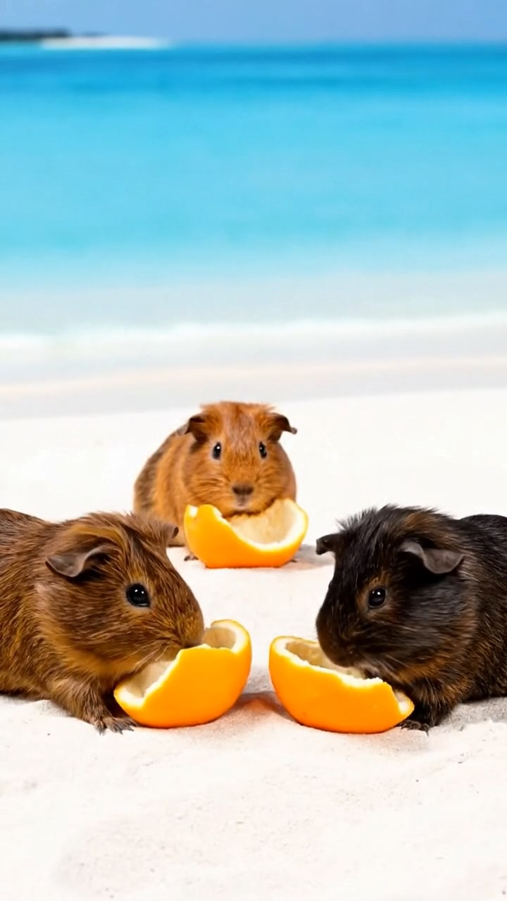 1038. Highly detailed view of 4 smooth-haired Coronet guinea pigs with chocolate, cinnamon, and sable fur, sharing orange peels, in a pristine coral atoll with white sand beaches.