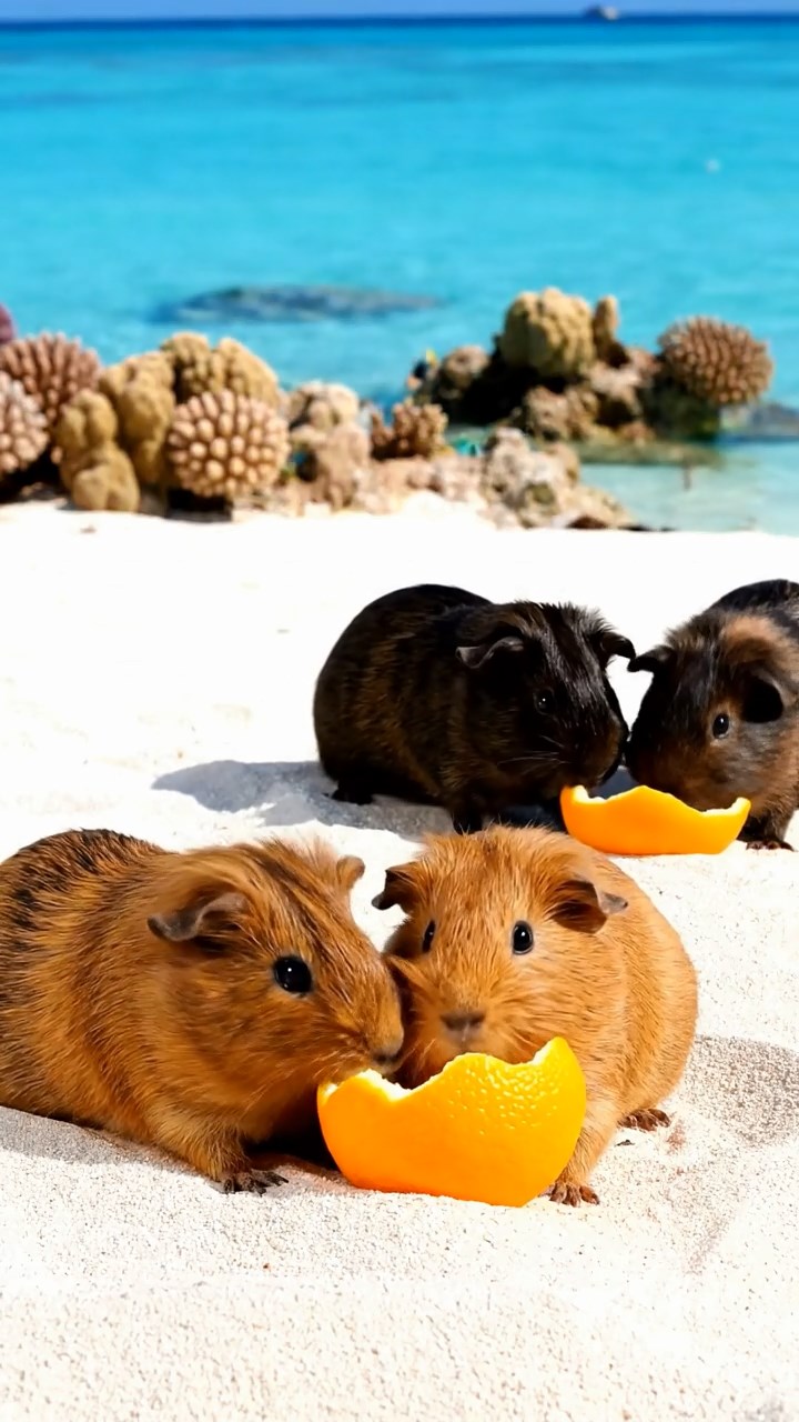 1038. Highly detailed view of 4 smooth-haired Coronet guinea pigs with chocolate, cinnamon, and sable fur, sharing orange peels, in a pristine coral atoll with white sand beaches.