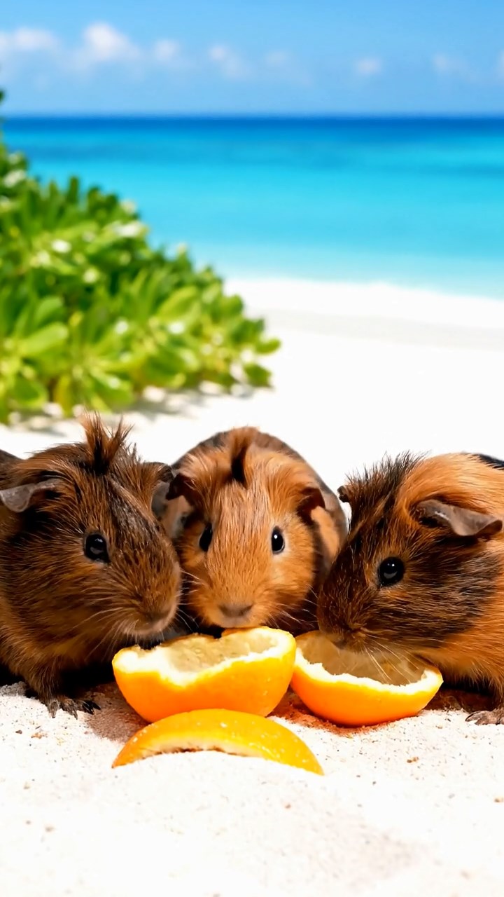 1038. Highly detailed view of 4 smooth-haired Coronet guinea pigs with chocolate, cinnamon, and sable fur, sharing orange peels, in a pristine coral atoll with white sand beaches.