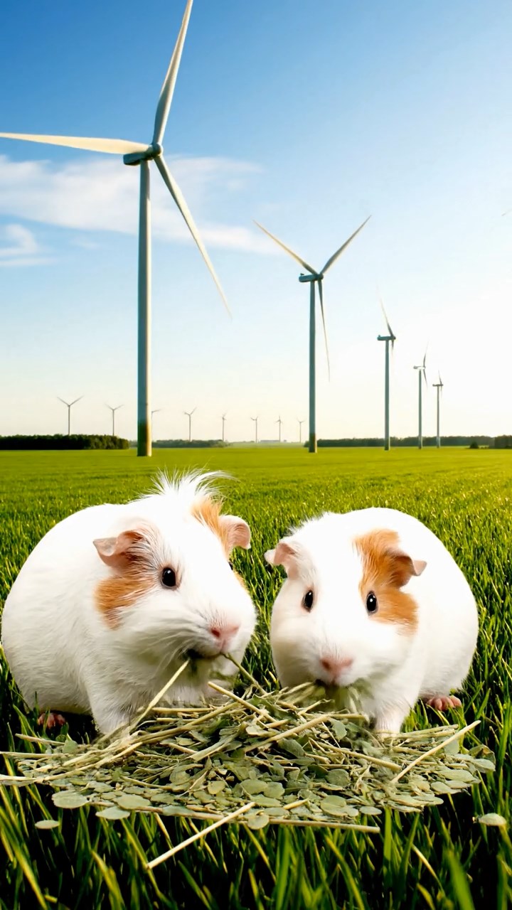 1039. Photorealistic scene of 2 smooth-haired White Crested guinea pigs featuring white and orange coats, eating alfalfa hay, in a renewable wind farm field with giant turbines humming.