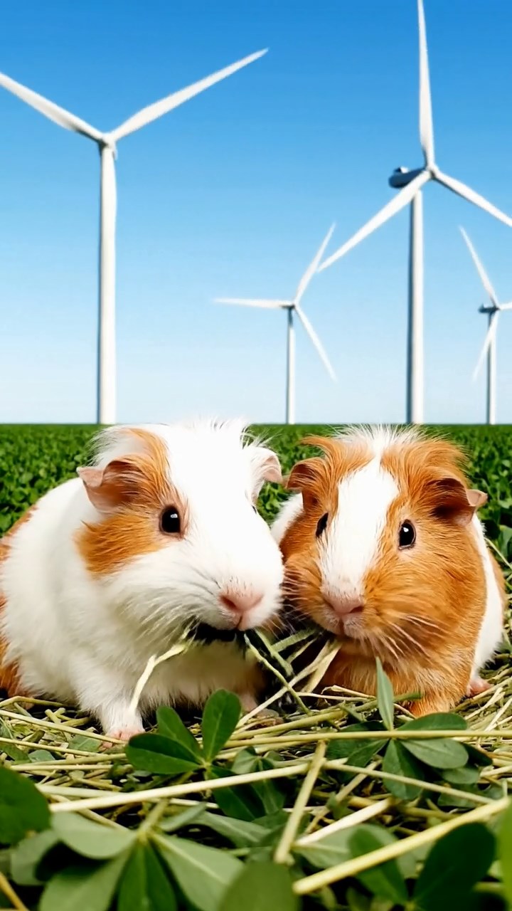 1039. Photorealistic scene of 2 smooth-haired White Crested guinea pigs featuring white and orange coats, eating alfalfa hay, in a renewable wind farm field with giant turbines humming.