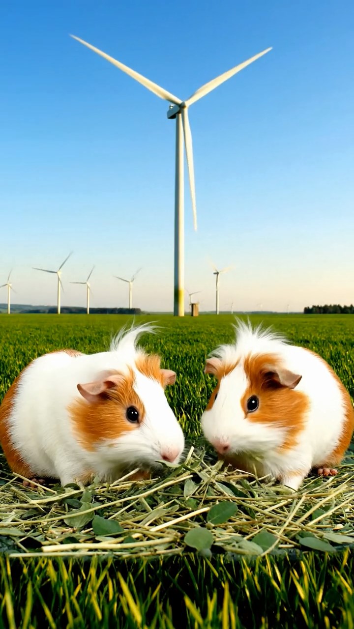 1039. Photorealistic scene of 2 smooth-haired White Crested guinea pigs featuring white and orange coats, eating alfalfa hay, in a renewable wind farm field with giant turbines humming.