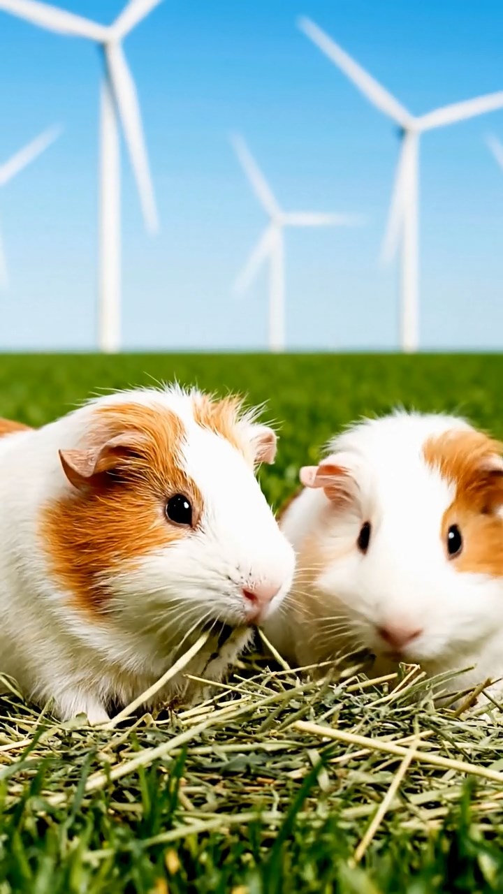 1039. Photorealistic scene of 2 smooth-haired White Crested guinea pigs featuring white and orange coats, eating alfalfa hay, in a renewable wind farm field with giant turbines humming.
