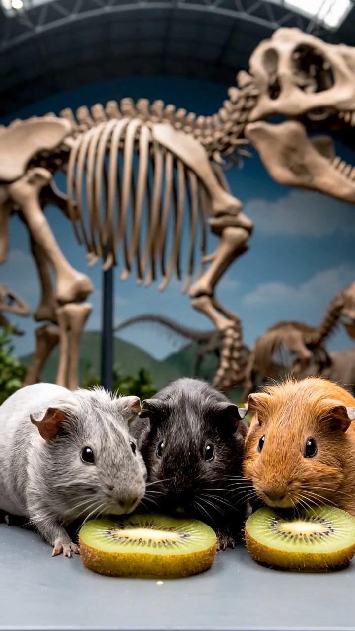 1040. Realistic depiction of 3 smooth-haired Skinny guinea pigs with gray, black, and brown fur, nibbling on kiwi skins, inside a prehistoric dinosaur museum with massive skeletons.