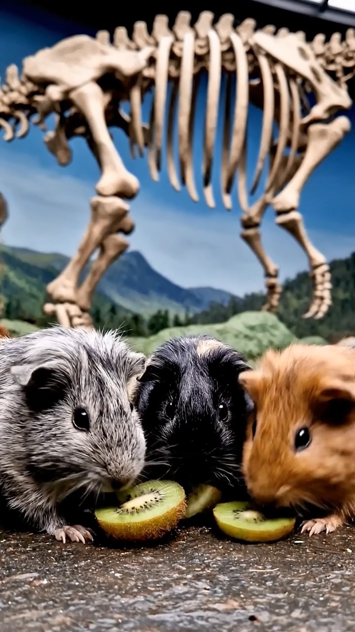 1040. Realistic depiction of 3 smooth-haired Skinny guinea pigs with gray, black, and brown fur, nibbling on kiwi skins, inside a prehistoric dinosaur museum with massive skeletons.