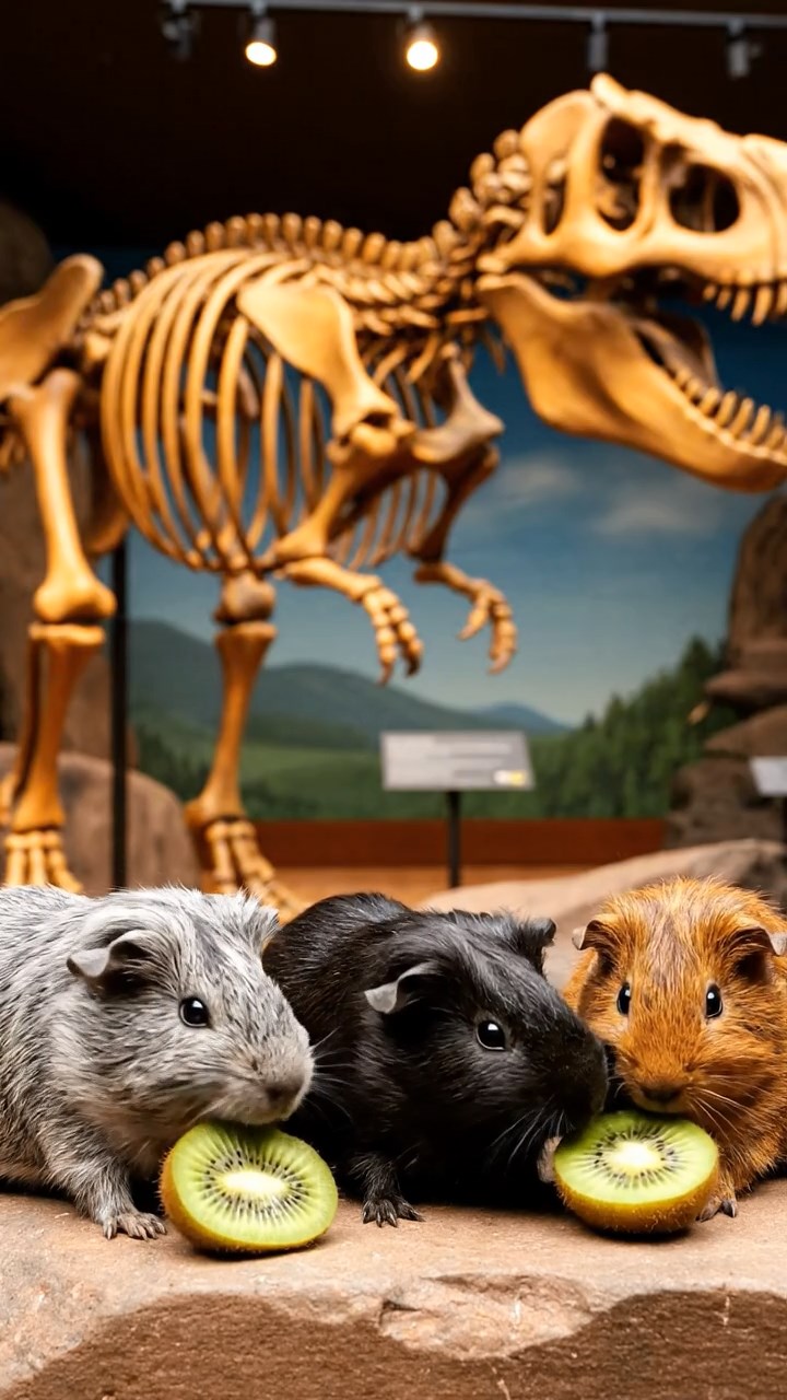 1040. Realistic depiction of 3 smooth-haired Skinny guinea pigs with gray, black, and brown fur, nibbling on kiwi skins, inside a prehistoric dinosaur museum with massive skeletons.