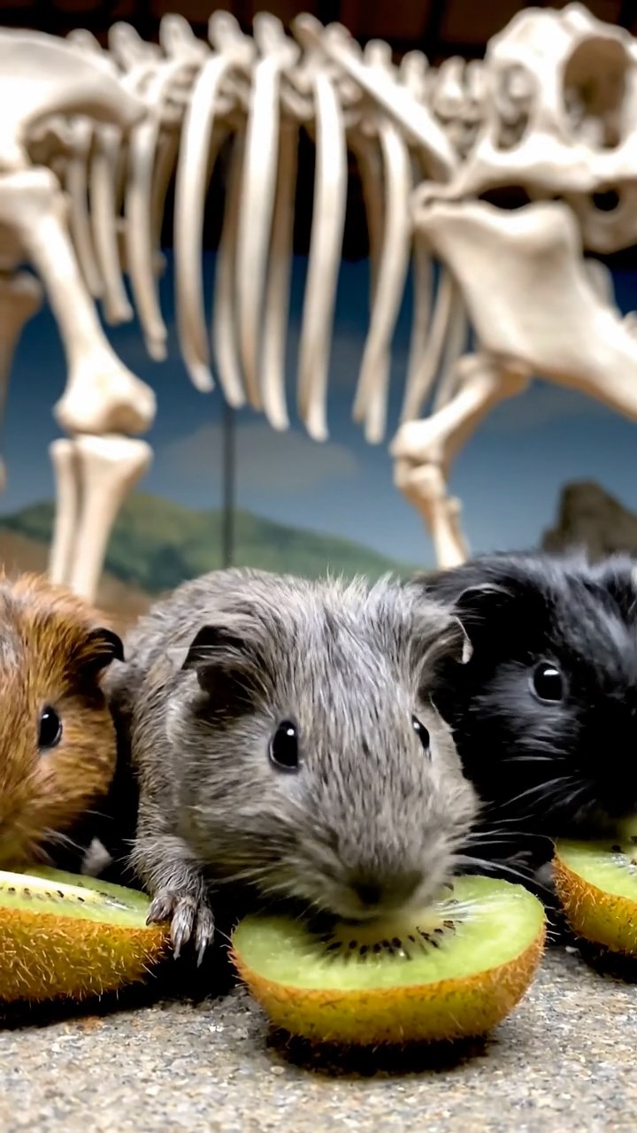 1040. Realistic depiction of 3 smooth-haired Skinny guinea pigs with gray, black, and brown fur, nibbling on kiwi skins, inside a prehistoric dinosaur museum with massive skeletons.