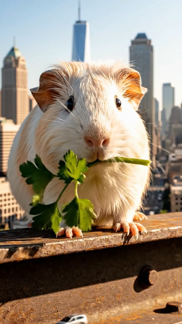 1041. Detailed photo of 1 smooth-haired American guinea pig with cream fur, chewing on parsley stems, on a noisy construction skyscraper beam with city panorama below.