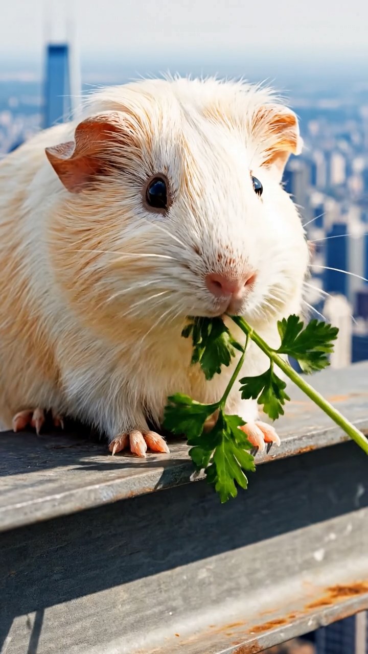 1041. Detailed photo of 1 smooth-haired American guinea pig with cream fur, chewing on parsley stems, on a noisy construction skyscraper beam with city panorama below.