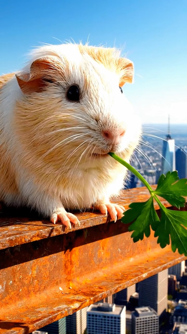 1041. Detailed photo of 1 smooth-haired American guinea pig with cream fur, chewing on parsley stems, on a noisy construction skyscraper beam with city panorama below.