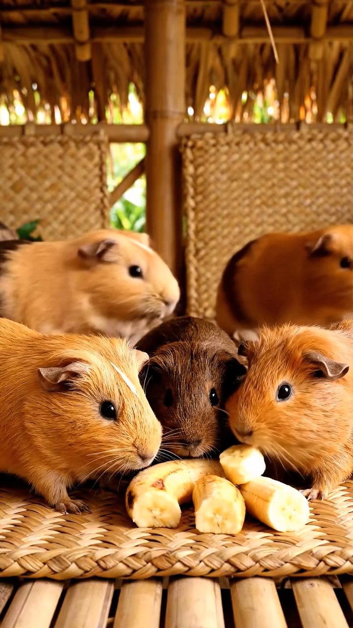 1042. Photorealistic image of 4 smooth-haired Abyssinian guinea pigs in fawn, chocolate, and cinnamon colors, sharing banana chunks, inside a traditional Polynesian hut with woven mats.
