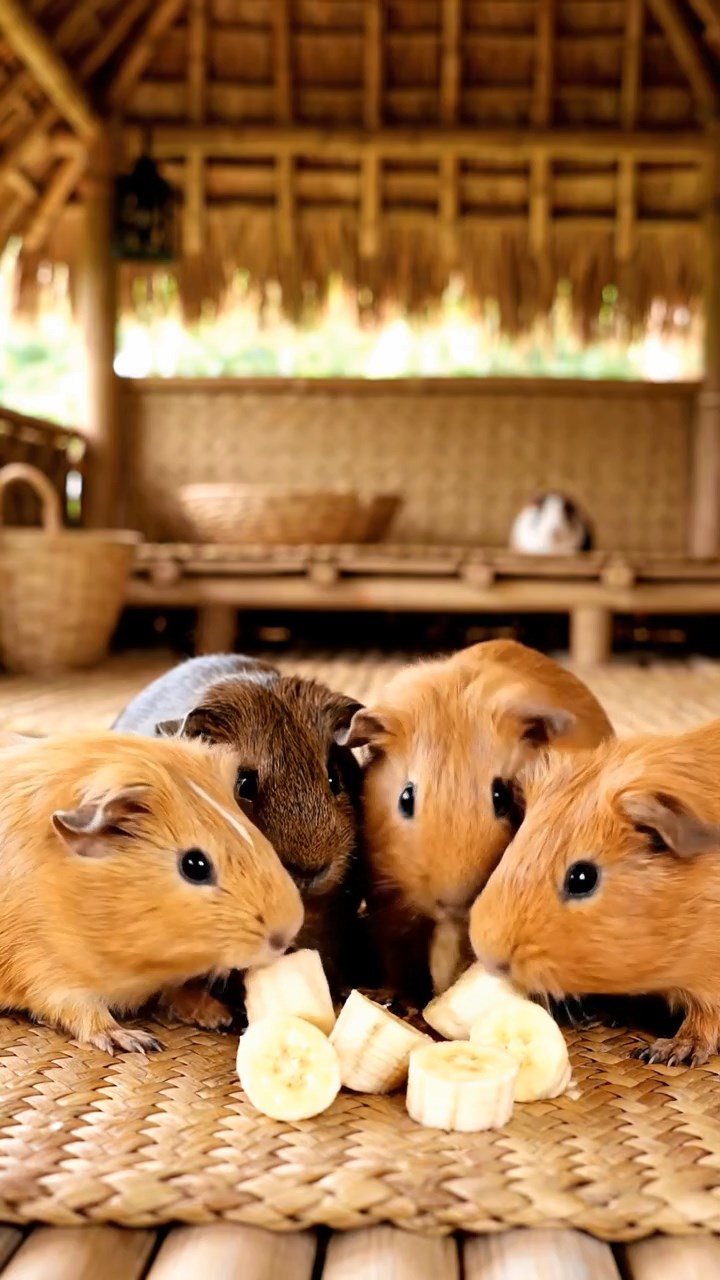 1042. Photorealistic image of 4 smooth-haired Abyssinian guinea pigs in fawn, chocolate, and cinnamon colors, sharing banana chunks, inside a traditional Polynesian hut with woven mats.