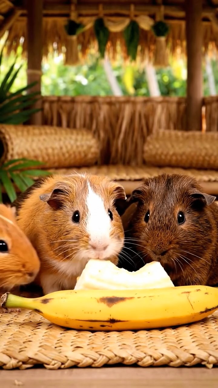 1042. Photorealistic image of 4 smooth-haired Abyssinian guinea pigs in fawn, chocolate, and cinnamon colors, sharing banana chunks, inside a traditional Polynesian hut with woven mats.