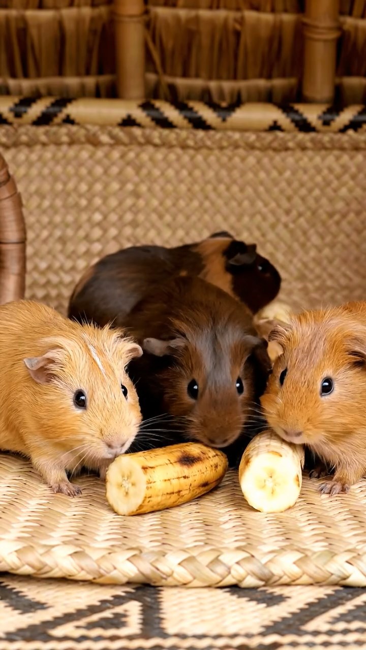 1042. Photorealistic image of 4 smooth-haired Abyssinian guinea pigs in fawn, chocolate, and cinnamon colors, sharing banana chunks, inside a traditional Polynesian hut with woven mats.