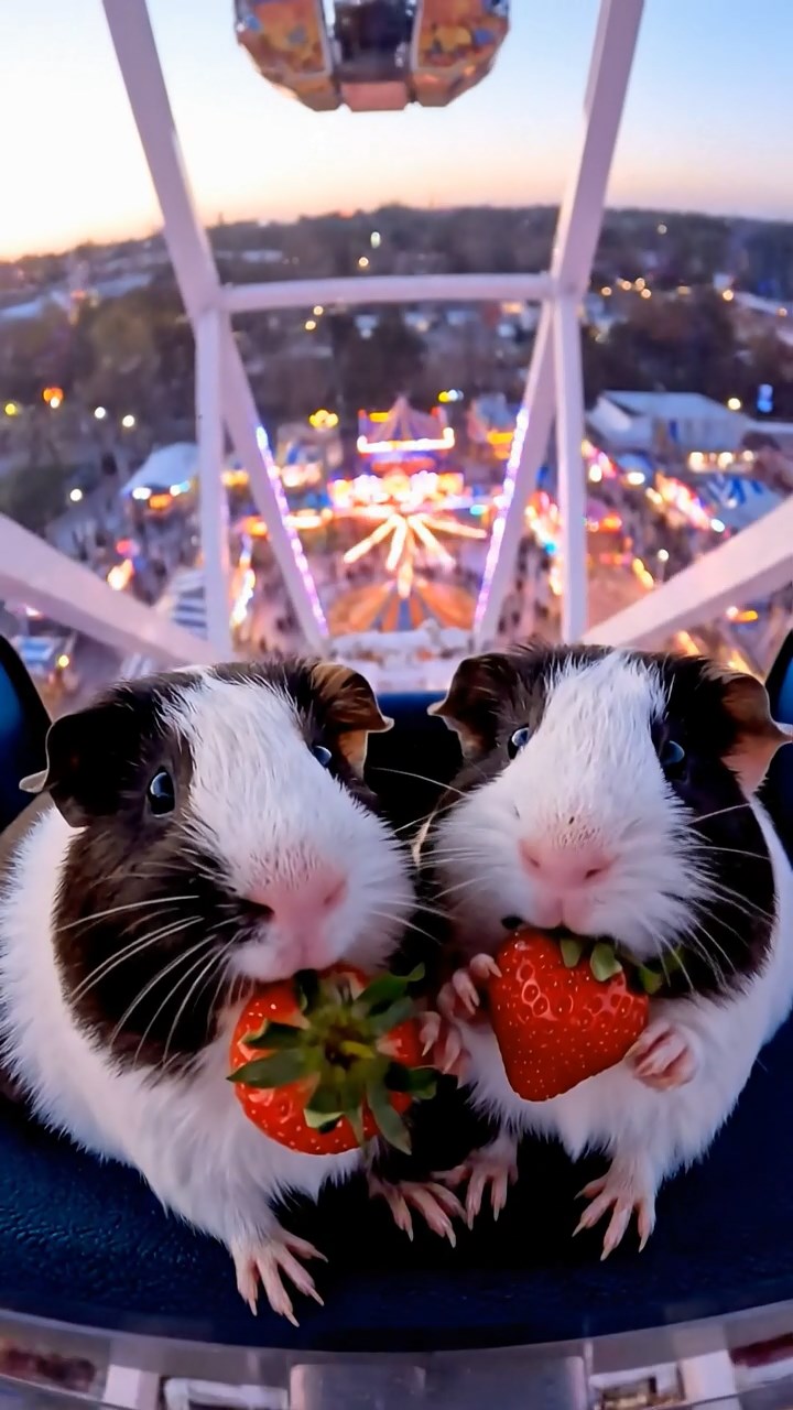 1043. Realistic scene of 2 smooth-haired Peruvian guinea pigs with sable and white fur, munching on strawberry tops, in a thrilling Ferris wheel pod at the top with carnival lights.