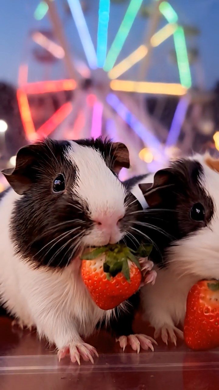 1043. Realistic scene of 2 smooth-haired Peruvian guinea pigs with sable and white fur, munching on strawberry tops, in a thrilling Ferris wheel pod at the top with carnival lights.