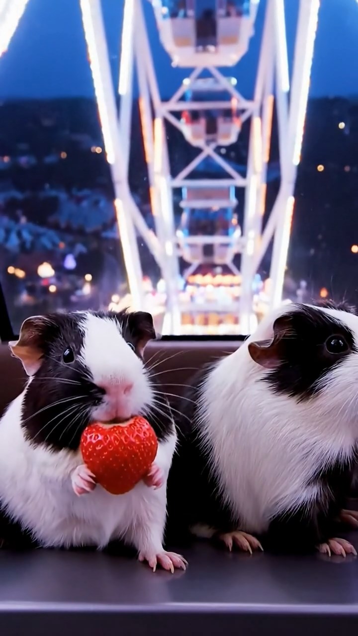 1043. Realistic scene of 2 smooth-haired Peruvian guinea pigs with sable and white fur, munching on strawberry tops, in a thrilling Ferris wheel pod at the top with carnival lights.
