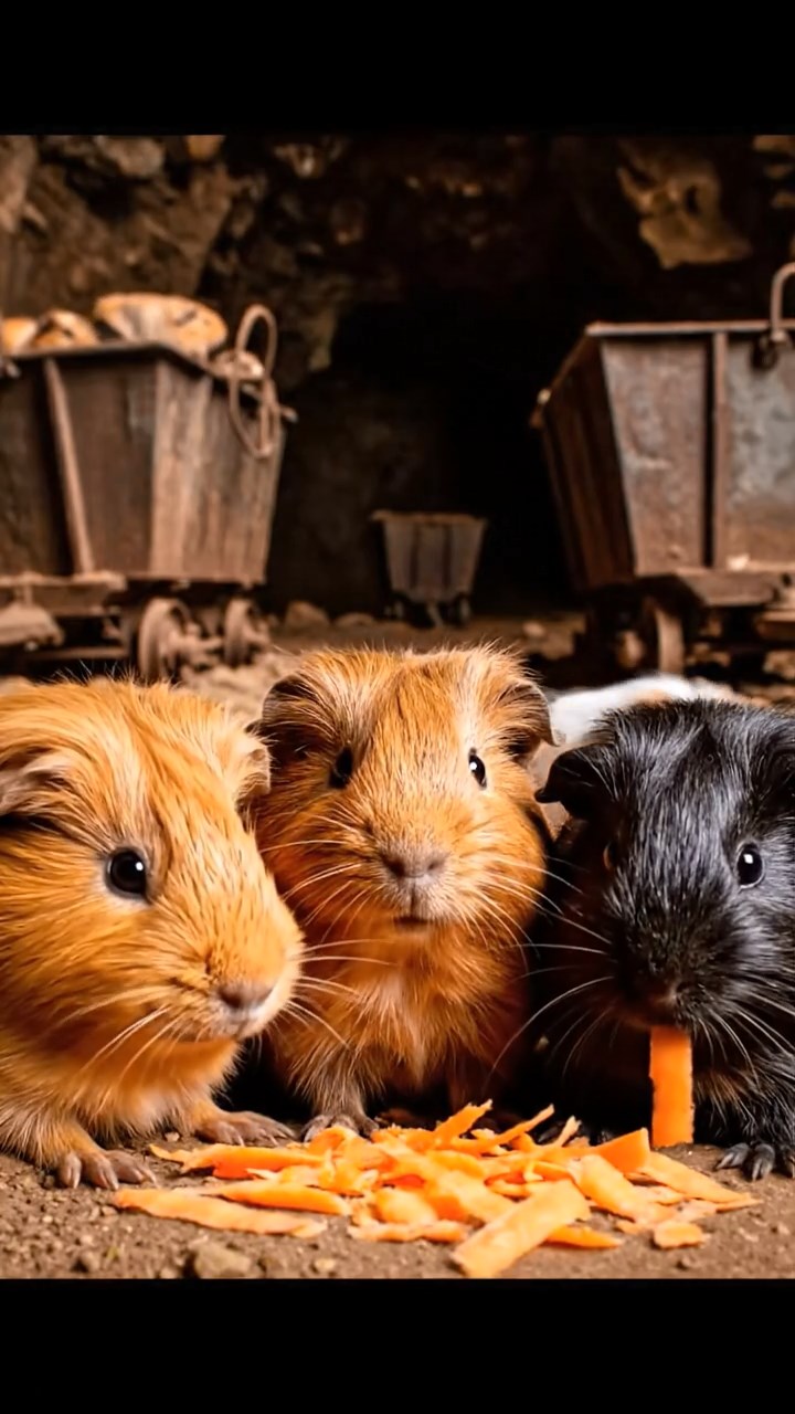 1044. Highly detailed view of 5 smooth-haired Silkie guinea pigs featuring orange, gray, and black coats, eating carrot shreds, down a abandoned gold mine shaft with rusty carts.