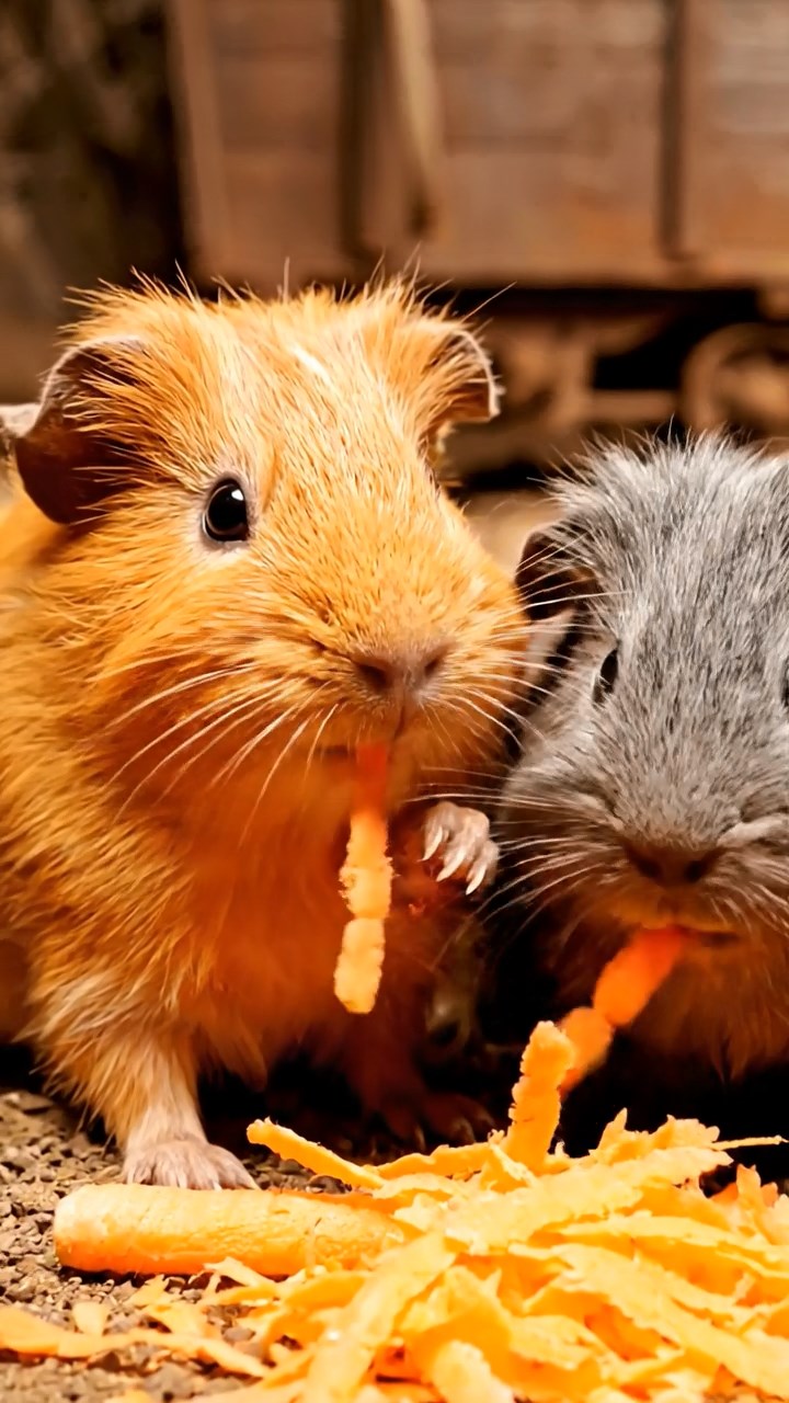 1044. Highly detailed view of 5 smooth-haired Silkie guinea pigs featuring orange, gray, and black coats, eating carrot shreds, down a abandoned gold mine shaft with rusty carts.