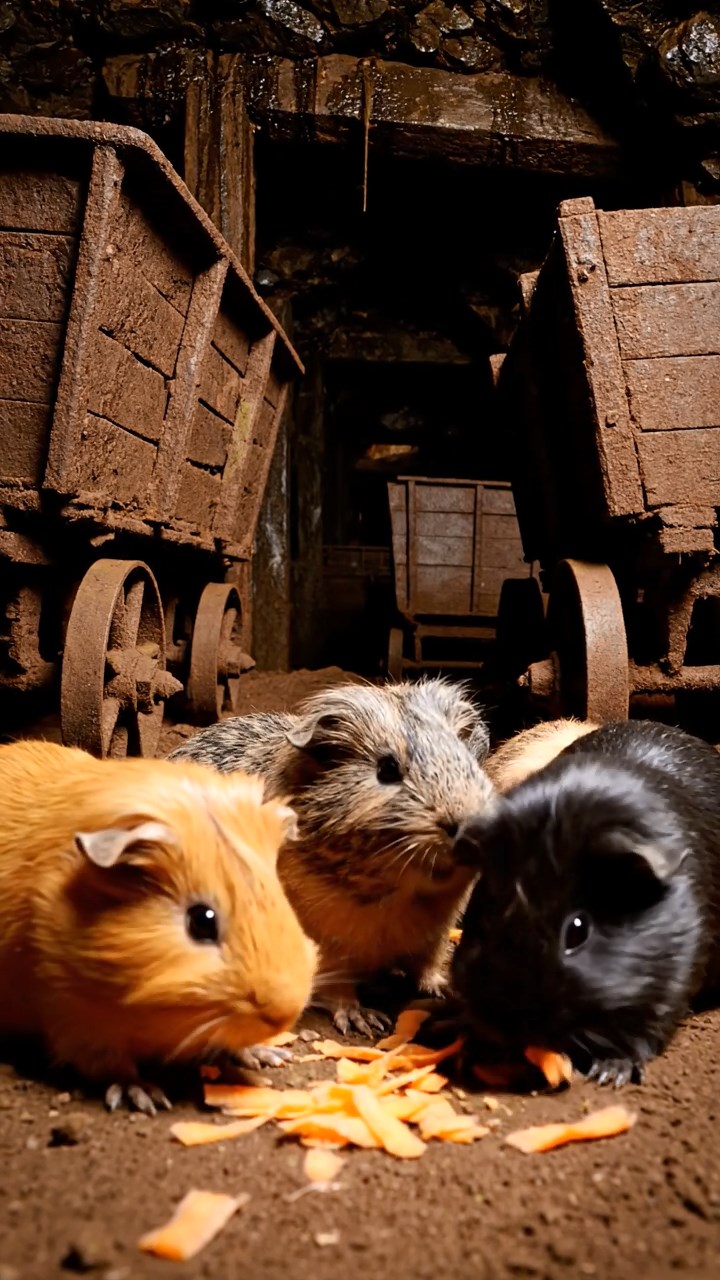 1044. Highly detailed view of 5 smooth-haired Silkie guinea pigs featuring orange, gray, and black coats, eating carrot shreds, down a abandoned gold mine shaft with rusty carts.