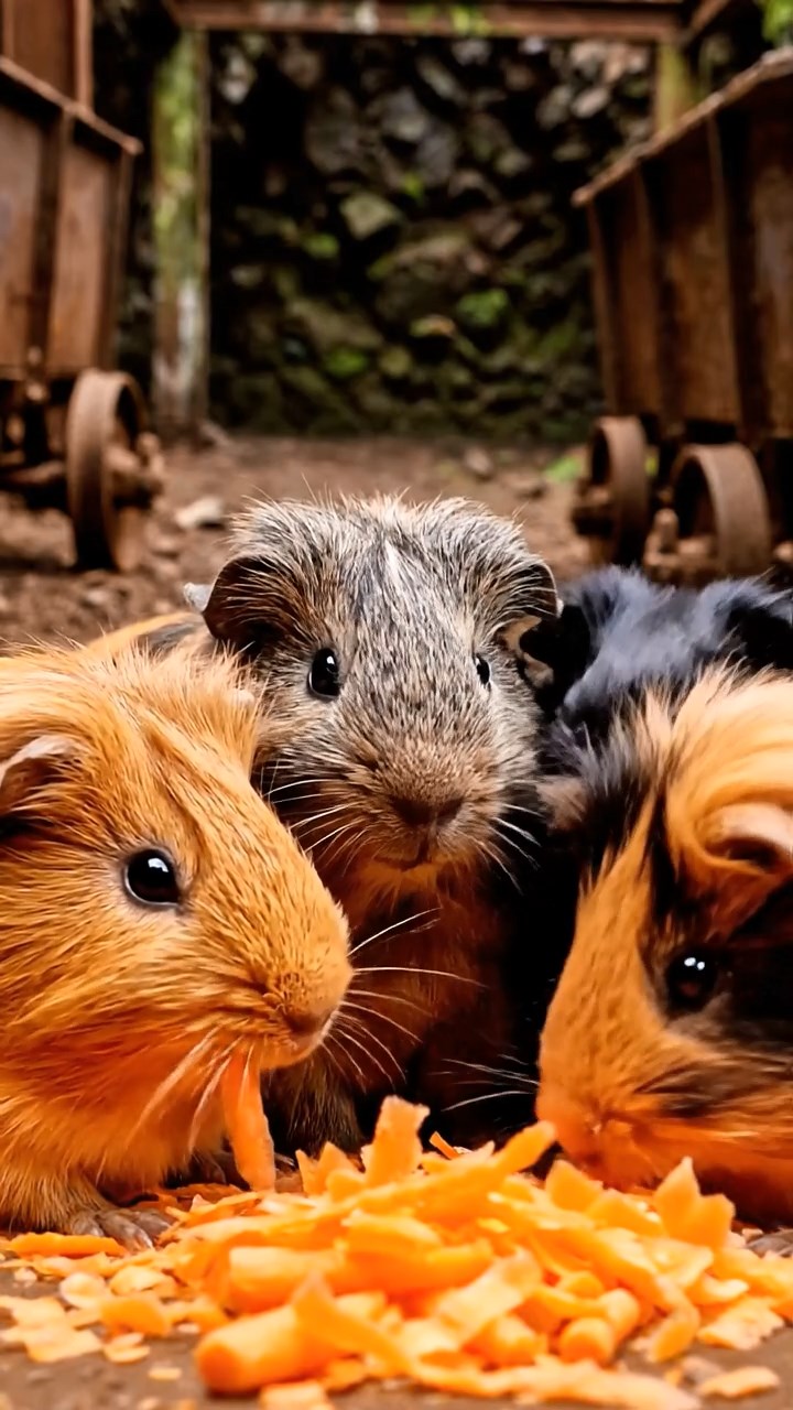 1044. Highly detailed view of 5 smooth-haired Silkie guinea pigs featuring orange, gray, and black coats, eating carrot shreds, down a abandoned gold mine shaft with rusty carts.