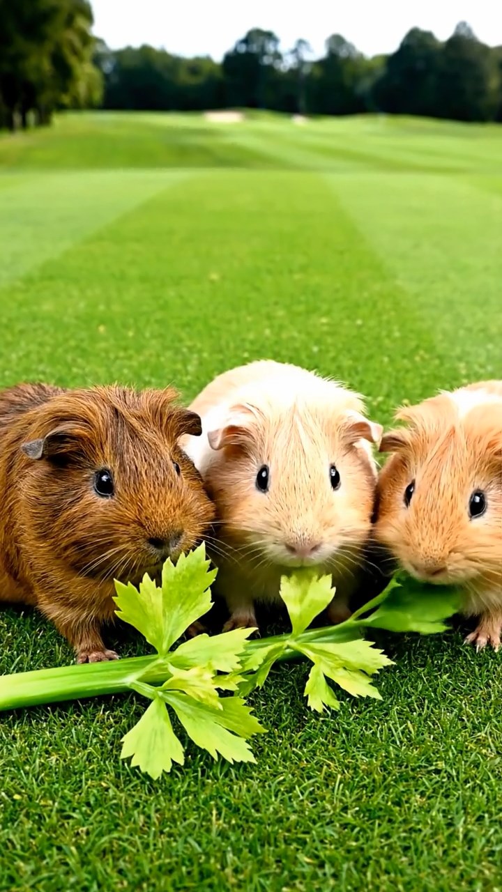 1045. Photorealistic photo of 3 smooth-haired Teddy guinea pigs with brown, cream, and fawn fur, nibbling on celery leaves, on a championship golf course green with manicured lawns.