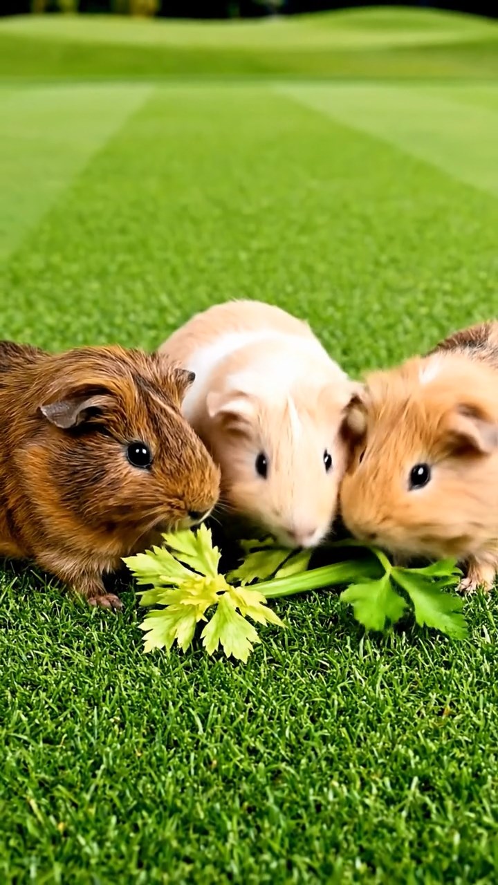 1045. Photorealistic photo of 3 smooth-haired Teddy guinea pigs with brown, cream, and fawn fur, nibbling on celery leaves, on a championship golf course green with manicured lawns.