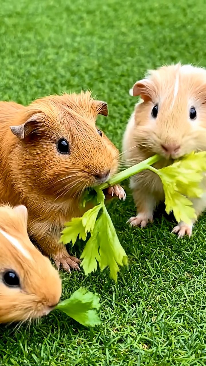 1045. Photorealistic photo of 3 smooth-haired Teddy guinea pigs with brown, cream, and fawn fur, nibbling on celery leaves, on a championship golf course green with manicured lawns.