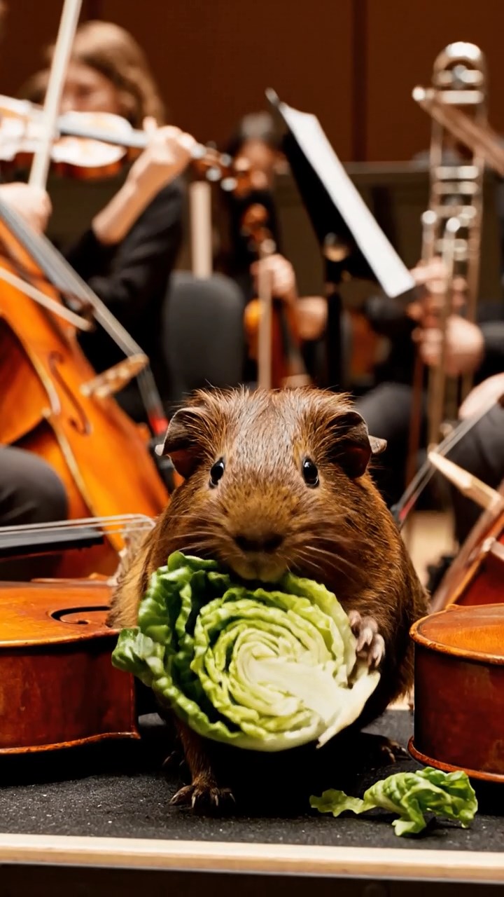 1046. Realistic depiction of 1 smooth-haired Texel guinea pig with chocolate fur, chewing on romaine hearts, among the instruments in a symphony orchestra pit during rehearsal.
