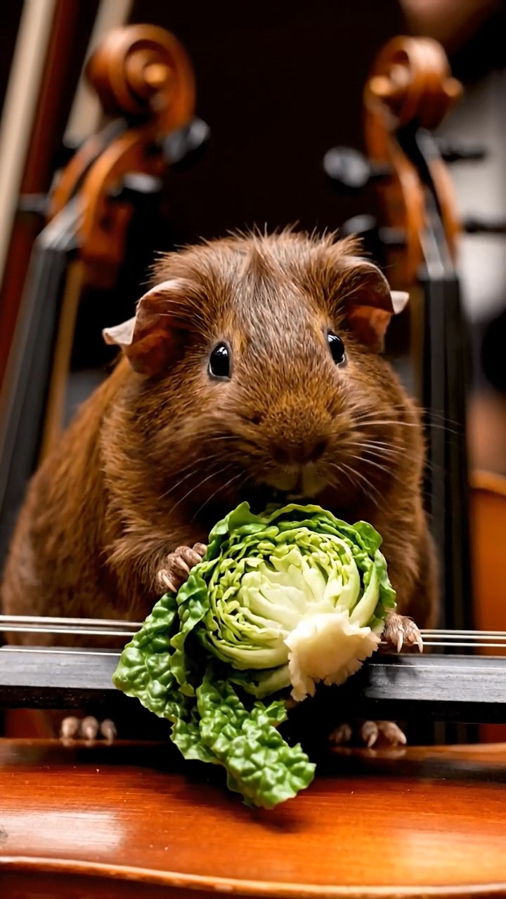 1046. Realistic depiction of 1 smooth-haired Texel guinea pig with chocolate fur, chewing on romaine hearts, among the instruments in a symphony orchestra pit during rehearsal.