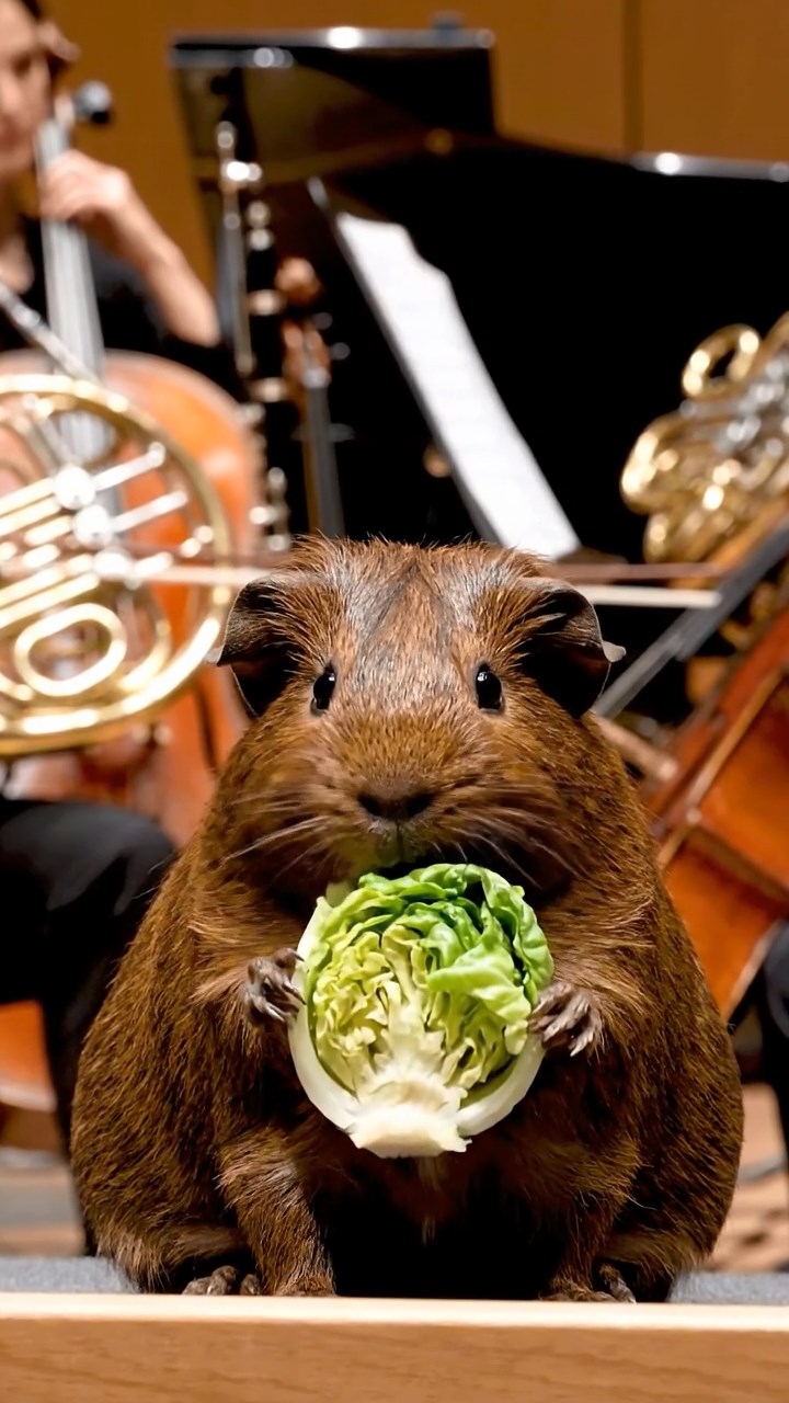 1046. Realistic depiction of 1 smooth-haired Texel guinea pig with chocolate fur, chewing on romaine hearts, among the instruments in a symphony orchestra pit during rehearsal.