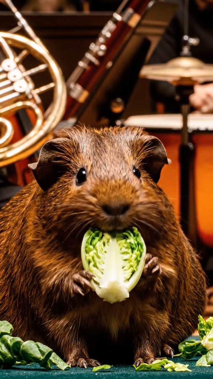 1046. Realistic depiction of 1 smooth-haired Texel guinea pig with chocolate fur, chewing on romaine hearts, among the instruments in a symphony orchestra pit during rehearsal.
