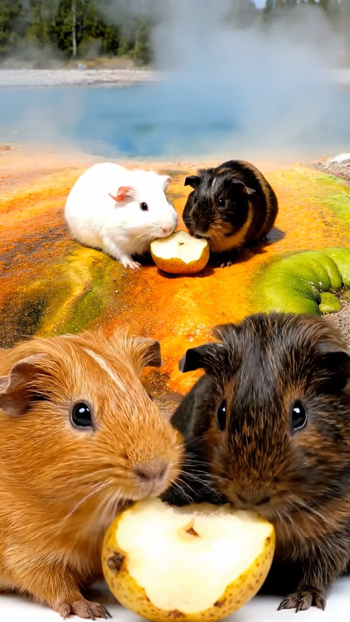 1047. Detailed image of 4 smooth-haired Rex guinea pigs in cinnamon, sable, and white colors, sharing pear cores, by a steaming Yellowstone hot spring with colorful bacterial mats.