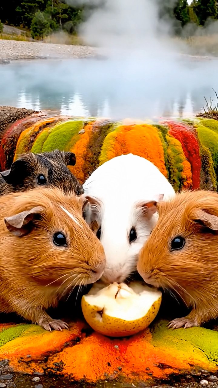 1047. Detailed image of 4 smooth-haired Rex guinea pigs in cinnamon, sable, and white colors, sharing pear cores, by a steaming Yellowstone hot spring with colorful bacterial mats.