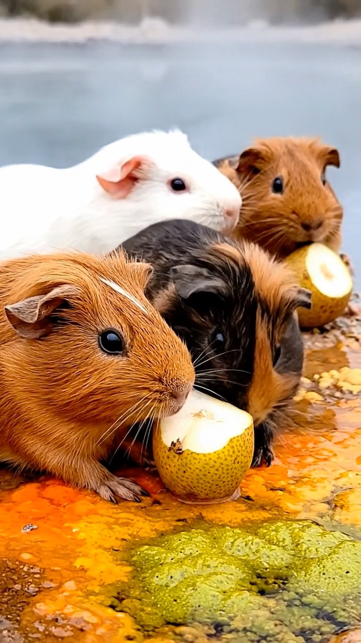 1047. Detailed image of 4 smooth-haired Rex guinea pigs in cinnamon, sable, and white colors, sharing pear cores, by a steaming Yellowstone hot spring with colorful bacterial mats.